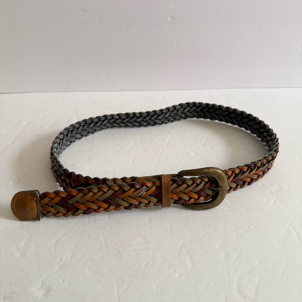 Braided Woven Multicolor Leather Belt with Brass Buckle
